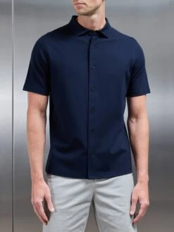 Mercerised Interlock Short Sleeve Button Through Shirt In Navy