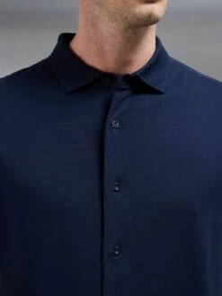 Mercerised Interlock Short Sleeve Button Through Shirt In Navy -Cheap Shirts Shop MERCERISED INTERLOCK BUTTON THROUGH SHIRT IN NAVY 683