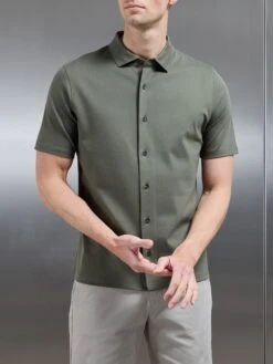 Mercerised Interlock Short Sleeve Button Through Shirt In Sage -Cheap Shirts Shop MERCERISED INTERLOCK BUTTON THROUGH SHIRT IN SAGE 4667
