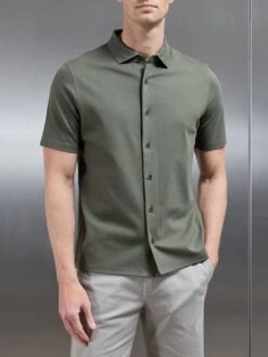 Mercerised Interlock Short Sleeve Button Through Shirt In Sage