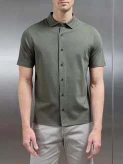 Mercerised Interlock Short Sleeve Button Through Shirt In Sage -Cheap Shirts Shop MERCERISED INTERLOCK BUTTON THROUGH SHIRT IN SAGE 4679