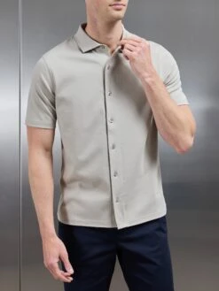Mercerised Interlock Short Sleeve Button Through Shirt In Stone -Cheap Shirts Shop MERCERISED INTERLOCK BUTTON THROUGH SHIRT IN STONE 4759