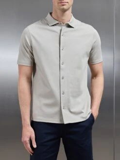 Mercerised Interlock Short Sleeve Button Through Shirt In Stone
