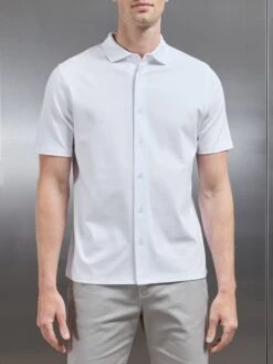 Mercerised Interlock Short Sleeve Button Through Shirt In White
