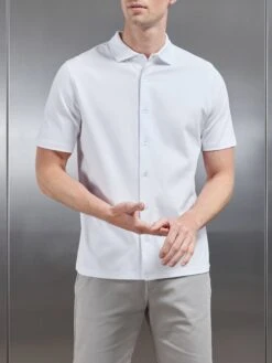 Mercerised Interlock Short Sleeve Button Through Shirt In White -Cheap Shirts Shop MERCERISED INTERLOCK BUTTON THROUGH SHIRT IN WHITE 4728