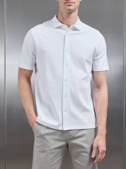 Mercerised Interlock Short Sleeve Button Through Shirt In White -Cheap Shirts Shop MERCERISED INTERLOCK BUTTON THROUGH SHIRT IN WHITE 4729