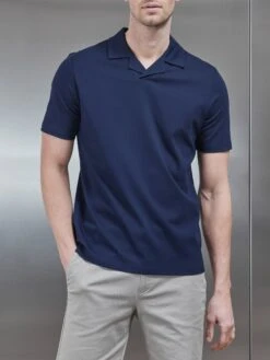 Mercerised Interlock Revere Collar Polo Shirt In Navy