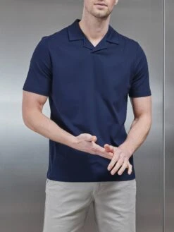Mercerised Interlock Revere Collar Polo Shirt In Navy -Cheap Shirts Shop MERCERISED INTERLOCK REVERE COLLAR POLO SHIRT IN NAVY 8186