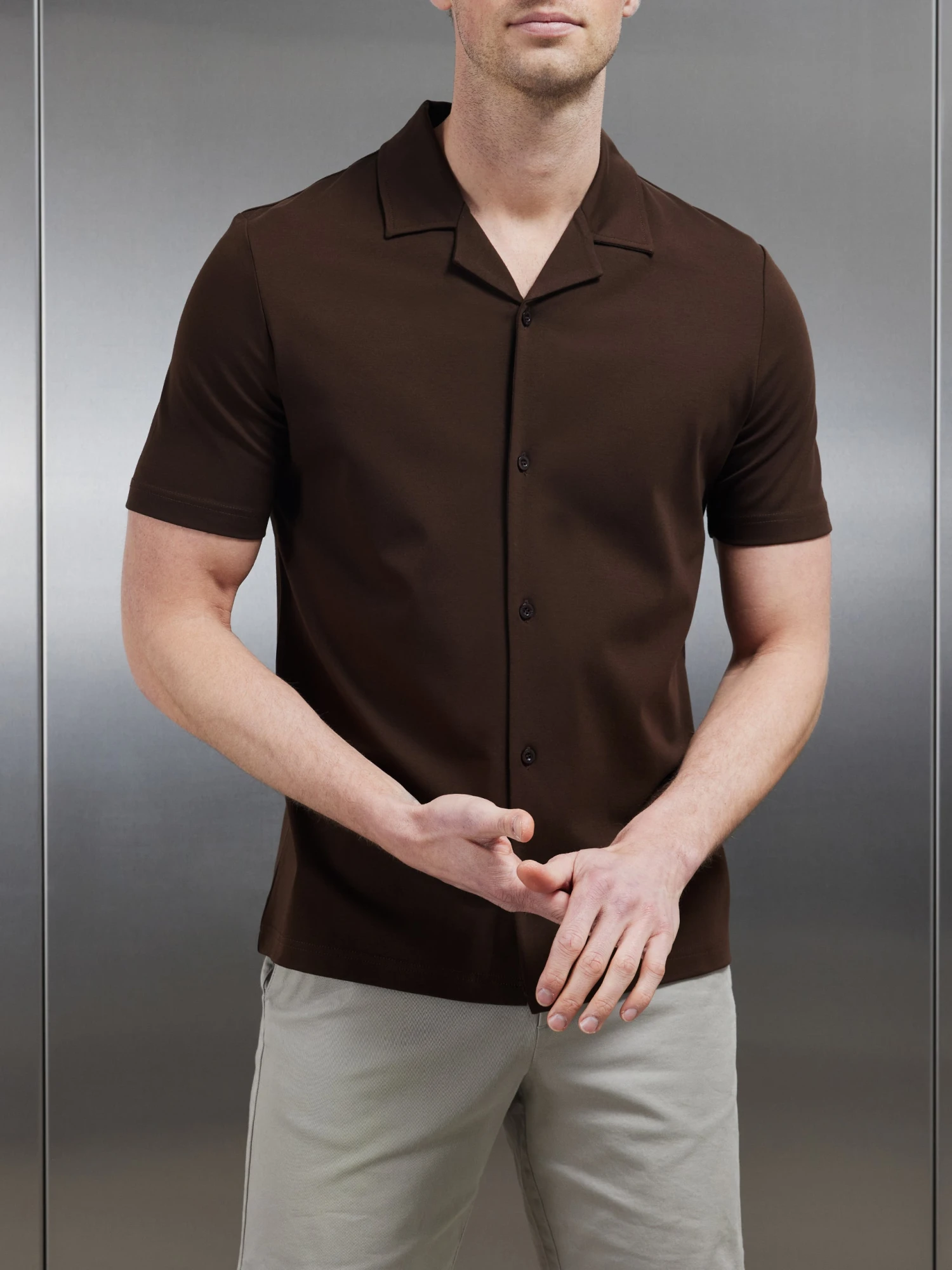 Mercerised Interlock Revere Collar Shirt In Brown 3 Mercerised Interlock Revere Collar Shirt In Brown
