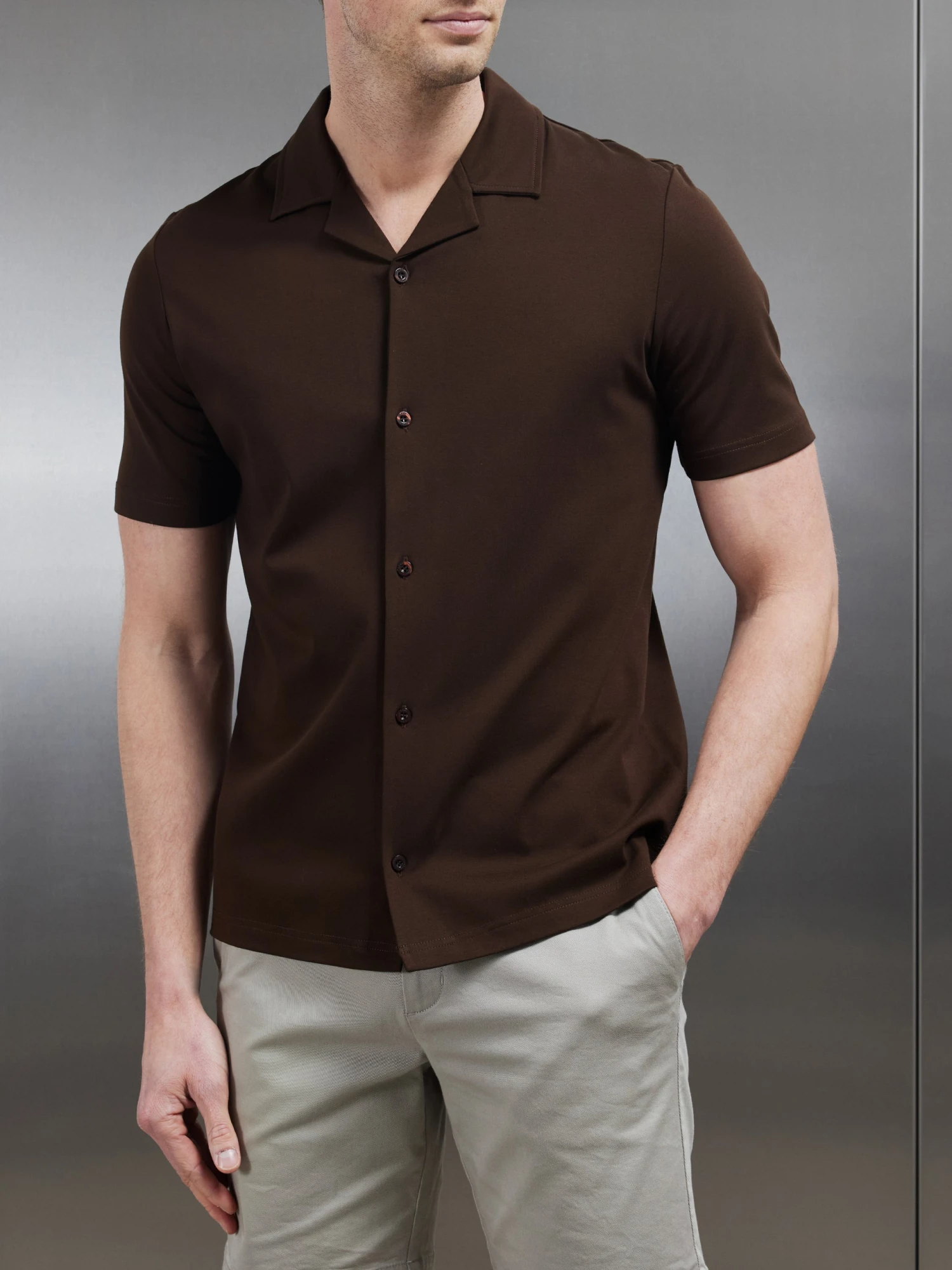 Mercerised Interlock Revere Collar Shirt In Brown 6 Mercerised Interlock Revere Collar Shirt In Brown - Image 4