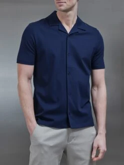 Mercerised Interlock Revere Collar Shirt In Navy