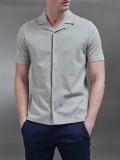 Mercerised Interlock Revere Collar Shirt In Stone -Cheap Shirts Shop MERCERISED INTERLOCK REVERE COLLAR SHIRT IN STONE 18751