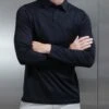 Mercerised Cotton Long Sleeve Polo Shirt In Black -Cheap Shirts Shop MERCERISED LONG SLEEVE POLO BLACK 0010