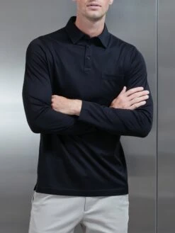 Mercerised Cotton Long Sleeve Polo Shirt In Black