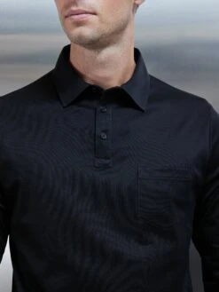 Mercerised Cotton Long Sleeve Polo Shirt In Black -Cheap Shirts Shop MERCERISED LONG SLEEVE POLO BLACK 0025