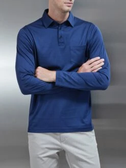 Mercerised Cotton Long Sleeve Polo Shirt In Navy -Cheap Shirts Shop MERCERISED LONG SLEEVE POLO NAVY 0237