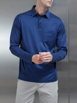 Mercerised Cotton Long Sleeve Polo Shirt In Navy