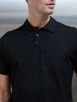 Mercerised Pique Button Polo Shirt In Black -Cheap Shirts Shop MERCERISED PIQUE COTTON BLACK 00241