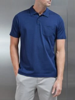Mercerised Pique Button Polo Shirt In Navy