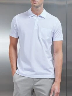 Mercerised Pique Button Polo Shirt In White -Cheap Shirts Shop MERCERISED PIQUE COTTON WHITE 0109