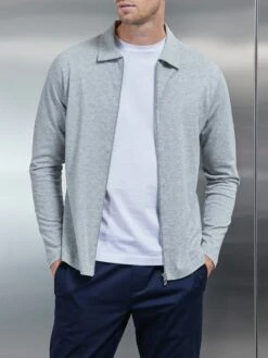 Mercerised Pique Zip Through Jacket In Marl Grey