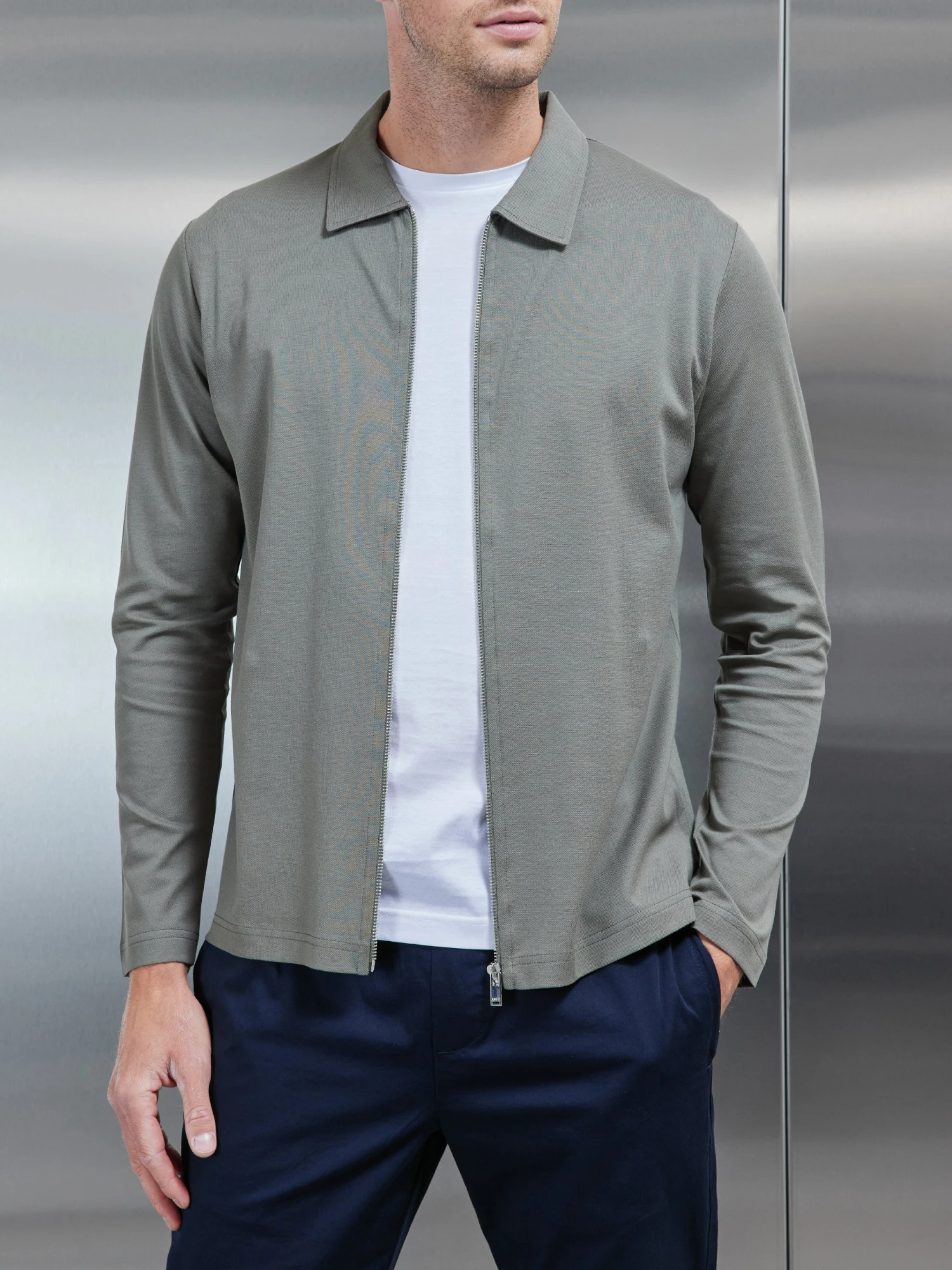 Mercerised Pique Zip Through Jacket In Sage 3 Mercerised Pique Zip Through Jacket In Sage