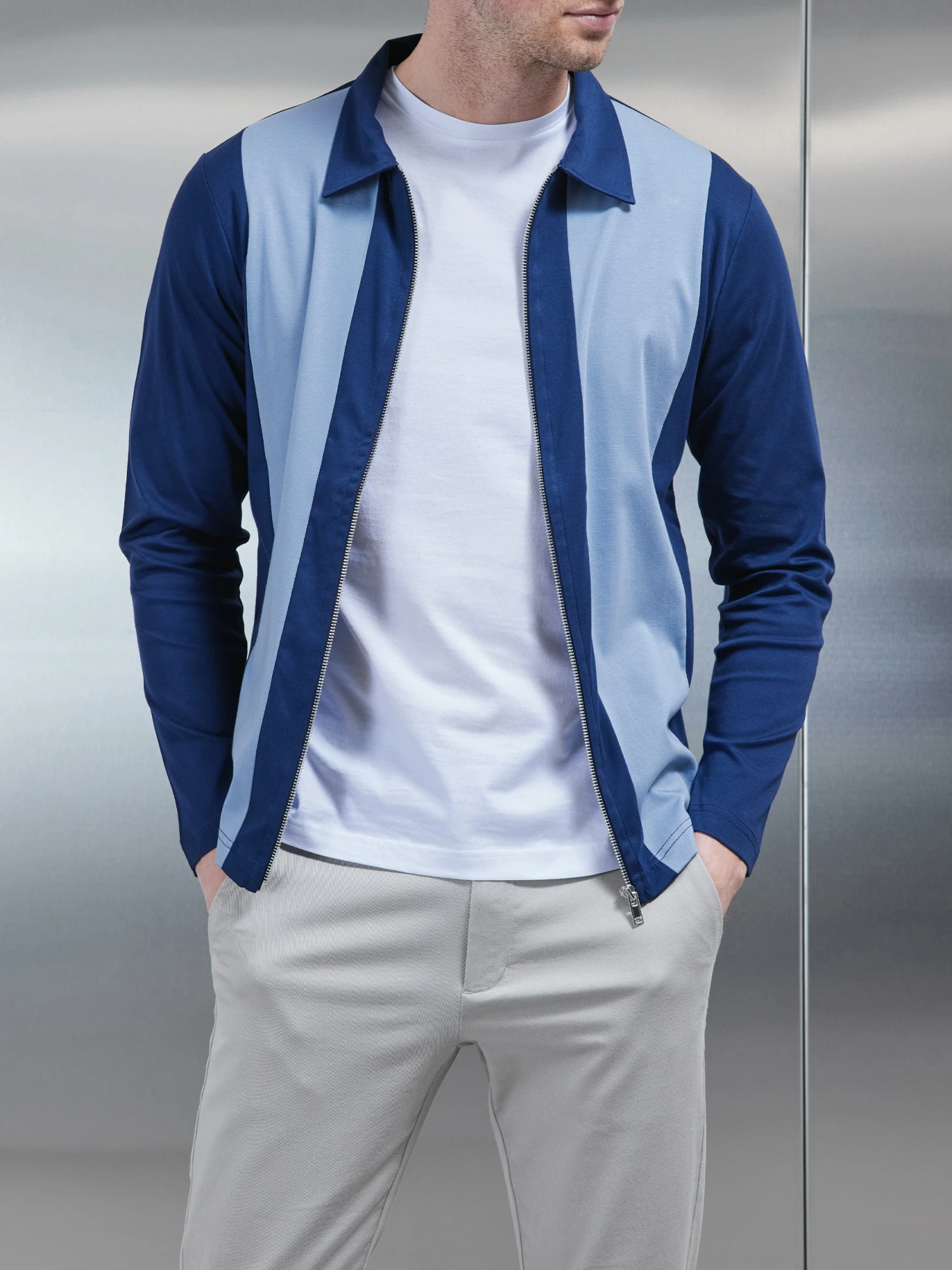 Supima Cotton Colour Block Zip Jacket In Navy 3 Supima Cotton Colour Block Zip Jacket In Navy