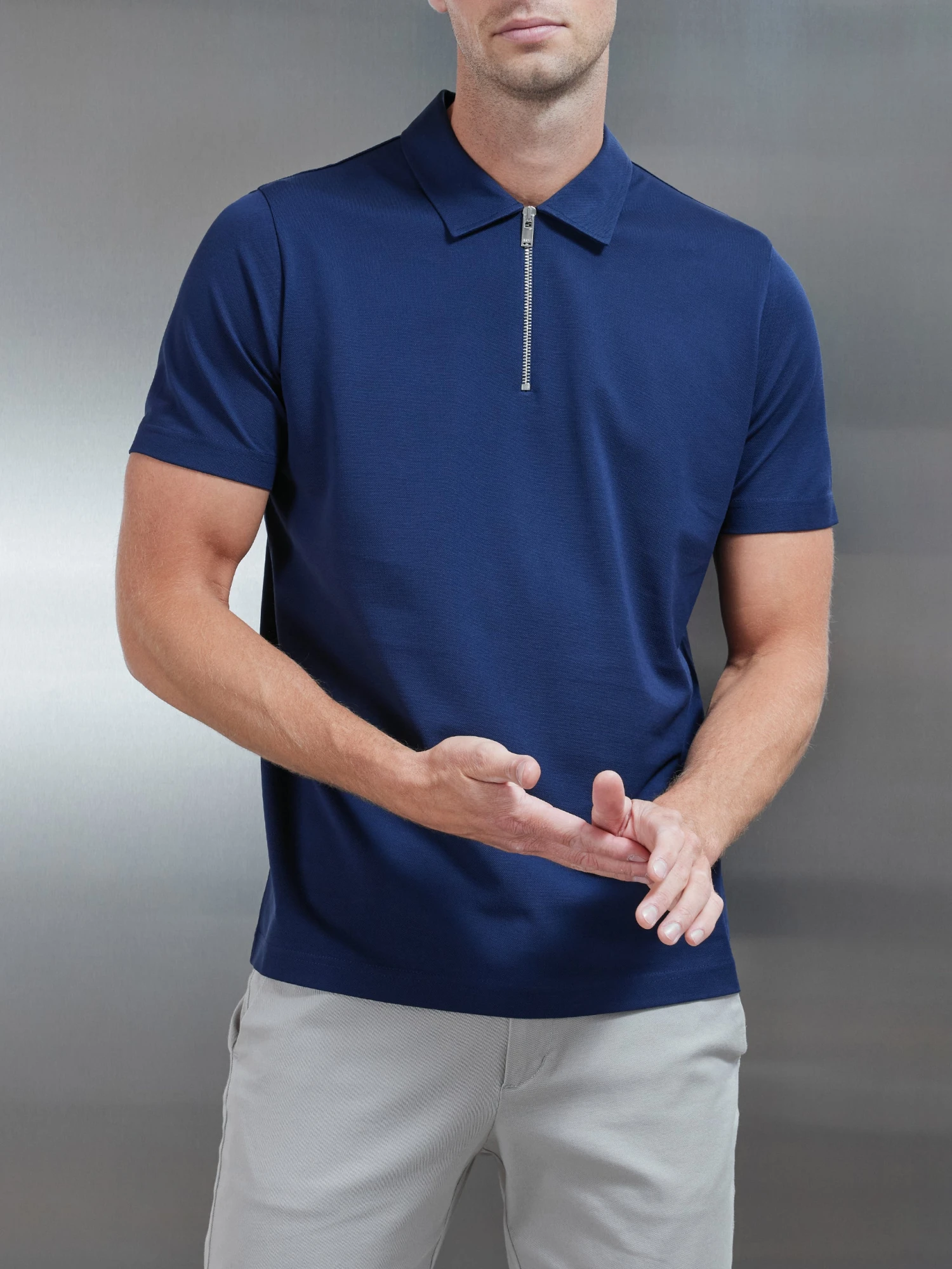 Mercerised Pique Zip Polo Shirt In Navy 3 Mercerised Pique Zip Polo Shirt In Navy