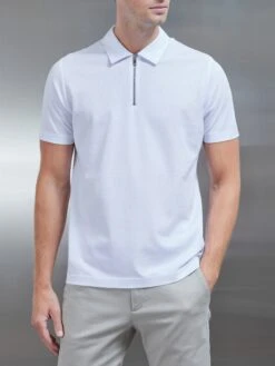 Mercerised Pique Zip Polo Shirt In White