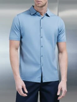 Mercerised Cotton Short Sleeve Shirt In Light Blue
