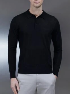 Merino Wool Long Sleeve Button Polo Shirt In Black