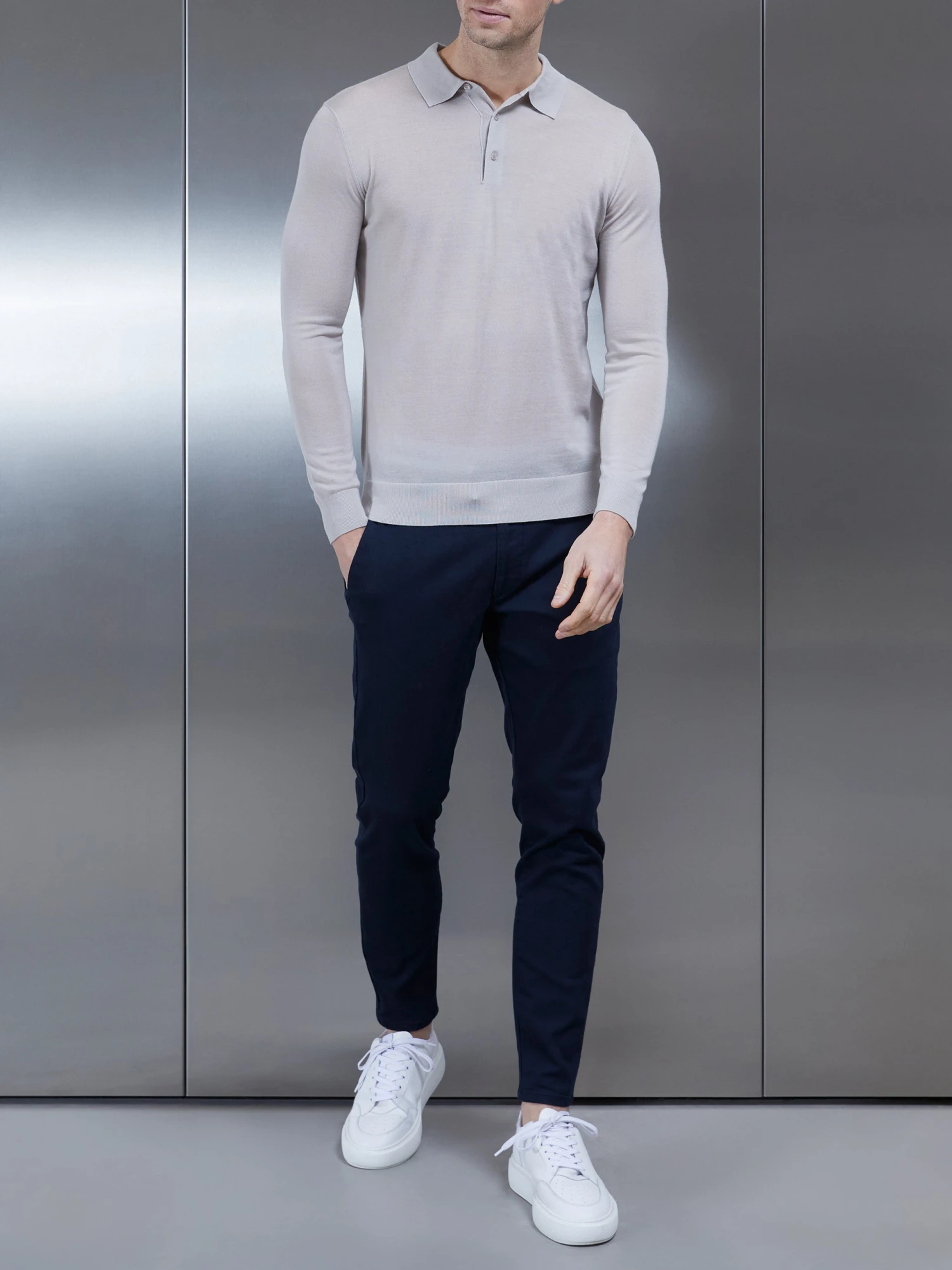 Merino Wool Long Sleeve Button Polo Shirt In Stone 4 Merino Wool Long Sleeve Button Polo Shirt In Stone - Image 2