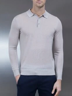 Merino Wool Long Sleeve Button Polo Shirt In Stone