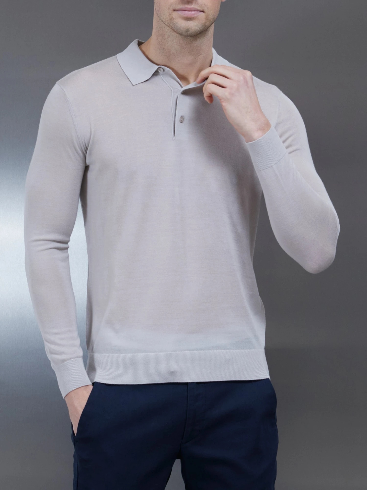 Merino Wool Long Sleeve Button Polo Shirt In Stone 6 Merino Wool Long Sleeve Button Polo Shirt In Stone - Image 4