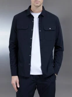 Nylon Popper Overshirt In Black