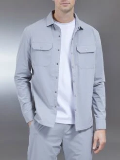 Nylon Popper Overshirt In Mid Grey