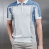 Panel Colour Block Knitted Zip Polo Shirt In Dove Blue -Cheap Shirts Shop PANEL COLOUR BLOCK KNITTED ZIP POLO SHIRT IN DOVE BLUE 899