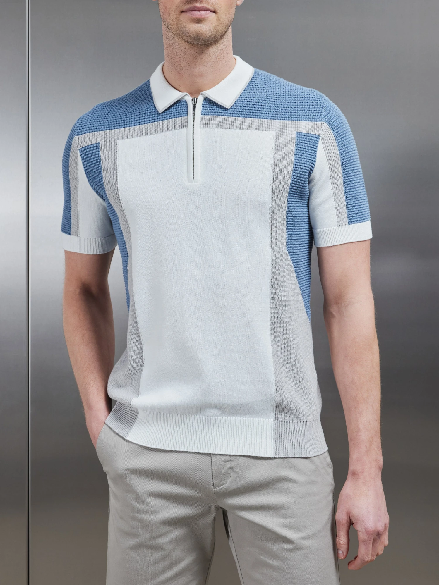 Panel Colour Block Knitted Zip Polo Shirt In Dove Blue 3 Panel Colour Block Knitted Zip Polo Shirt In Dove Blue
