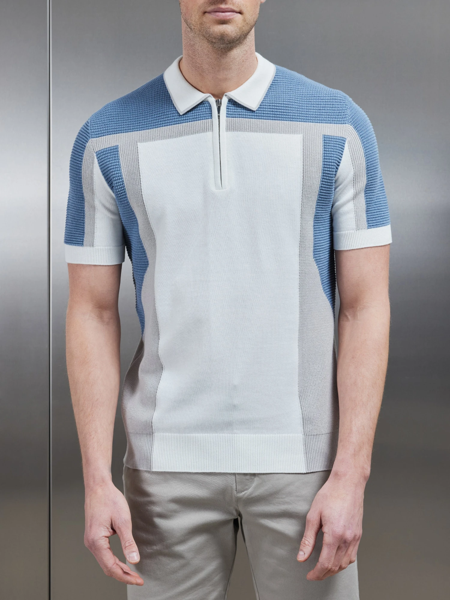 Panel Colour Block Knitted Zip Polo Shirt In Dove Blue 6 Panel Colour Block Knitted Zip Polo Shirt In Dove Blue - Image 4