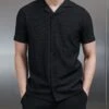 Pleated Revere Collar Shirt In Black -Cheap Shirts Shop PLEATED REVERE COLLAR SHIRT IN BLACK 0344