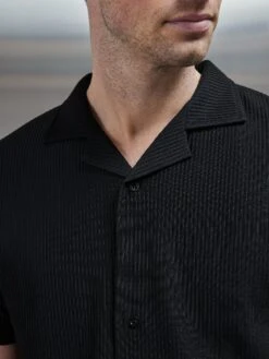 Pleated Revere Collar Shirt In Black -Cheap Shirts Shop PLEATED REVERE COLLAR SHIRT IN BLACK 0351