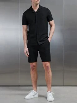 Pleated Revere Collar Shirt In Black -Cheap Shirts Shop PLEATED REVERE COLLAR SHIRT IN BLACK 28865