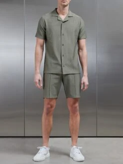 Pleated Revere Collar Shirt In Sage -Cheap Shirts Shop PLEATED REVERE COLLAR SHIRT IN OLIVE 28802