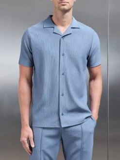 Pleated Revere Collar Shirt In Dove Blue