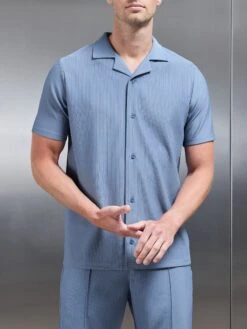 Pleated Revere Collar Shirt In Dove Blue -Cheap Shirts Shop PLEATED SHIRT DOVE BLUE 229