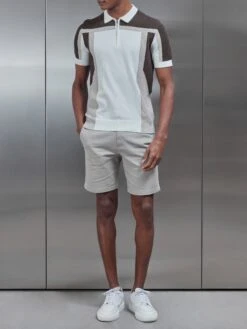 Panel Colour Block Knitted Zip Polo Shirt In Taupe -Cheap Shirts Shop PanelColourBlockKnittedZipPoloShirtinTaupe1 2 2