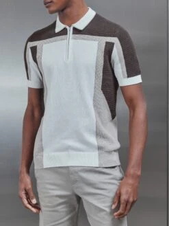 Panel Colour Block Knitted Zip Polo Shirt In Taupe -Cheap Shirts Shop PanelColourBlockKnittedZipPoloShirtinTaupe3