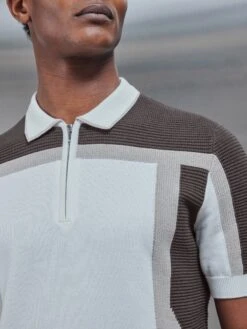 Panel Colour Block Knitted Zip Polo Shirt In Taupe -Cheap Shirts Shop PanelColourBlockKnittedZipPoloShirtinTaupe5