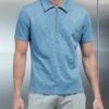 Quinta Textured Zip Polo Shirt In Aqua Blue -Cheap Shirts Shop QUINTA ZIP POLO AQUA BLUE 0054
