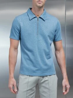 Quinta Textured Zip Polo Shirt In Aqua Blue